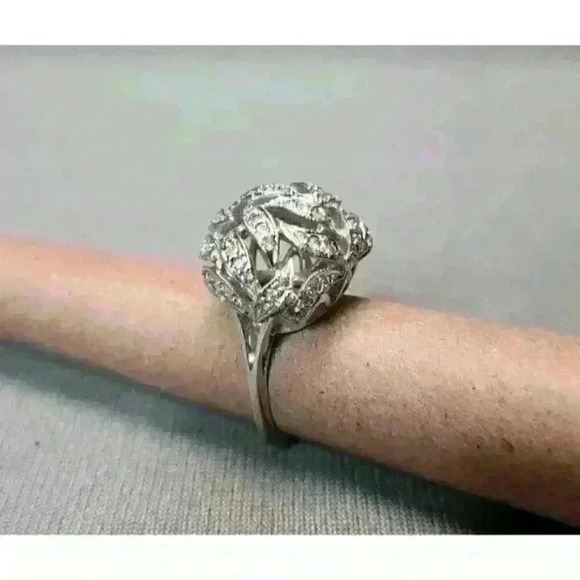 Sterling Silver Pave Leaves Dome Ring .925 Band CZ Ring Cubic Zirconia Size 8 - Picture 5 of 11